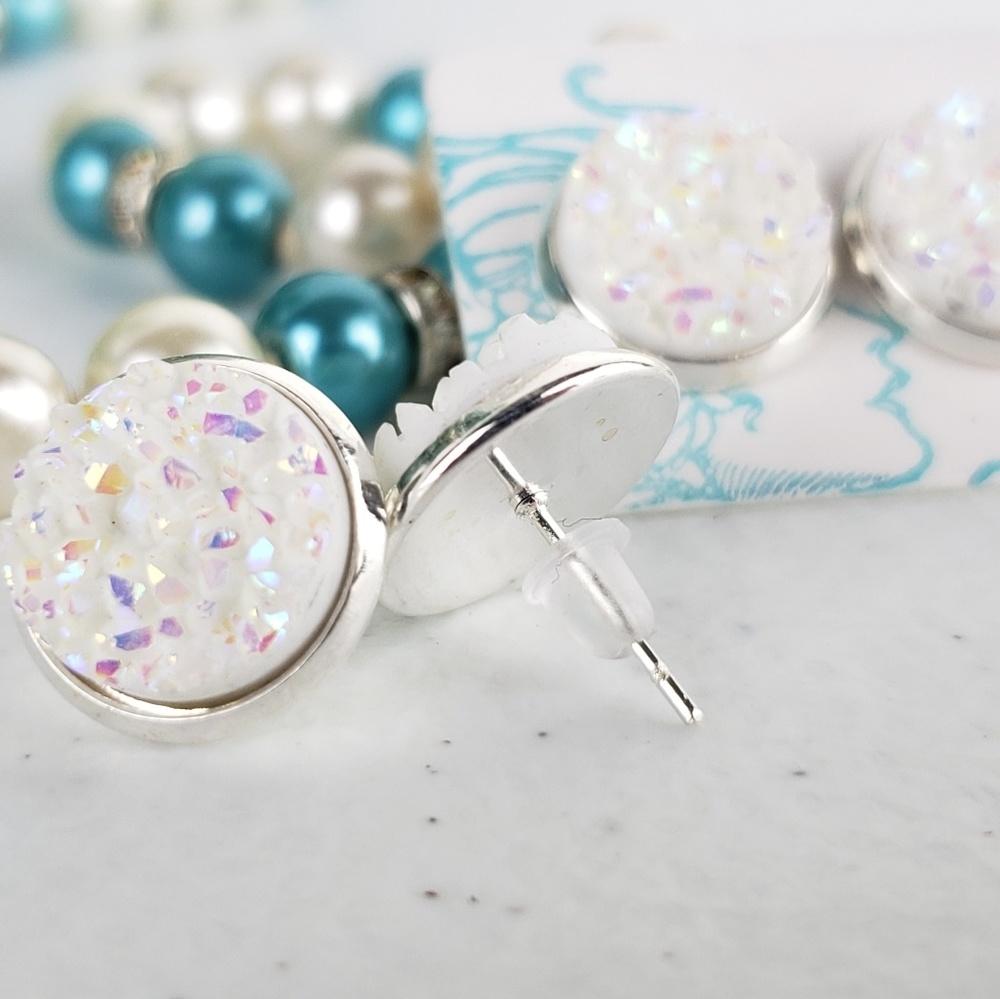 6/$20 White Iridescent Acrylic Druzy StudEarrings - Picture 2 of 5